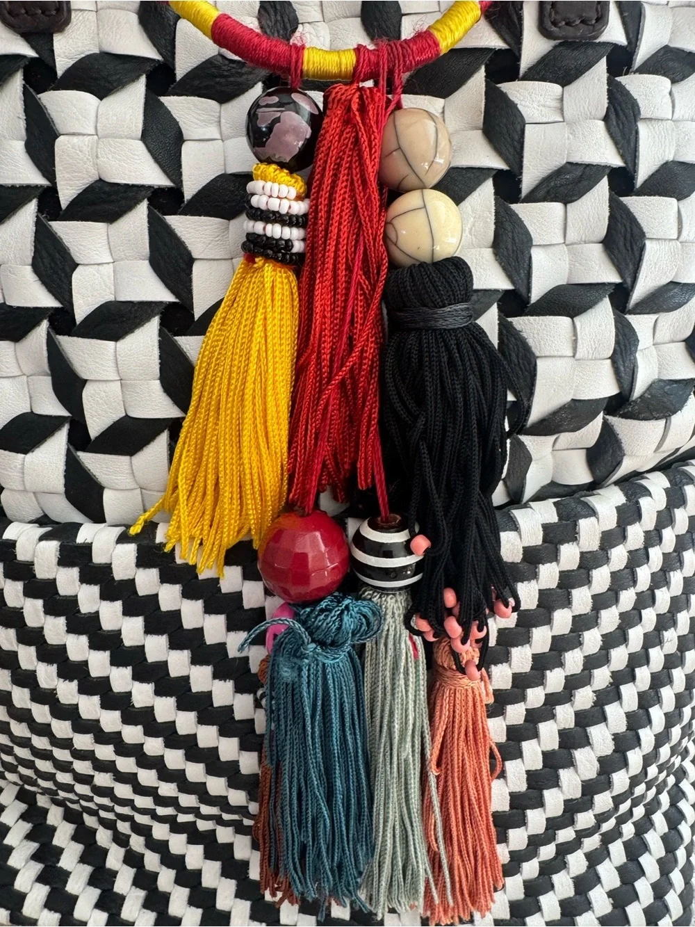 Maliparmi Woven Leather Tassel Tote Bag Black White